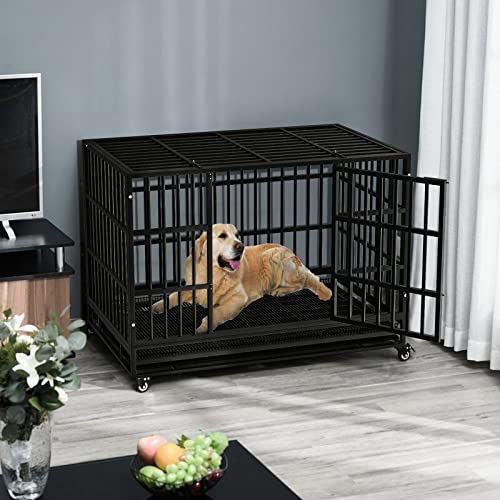 LEMBERI 48/38 inch Heavy Duty Dog Crate with Lockable Wheels, Double Door, Removable Tray Z823935