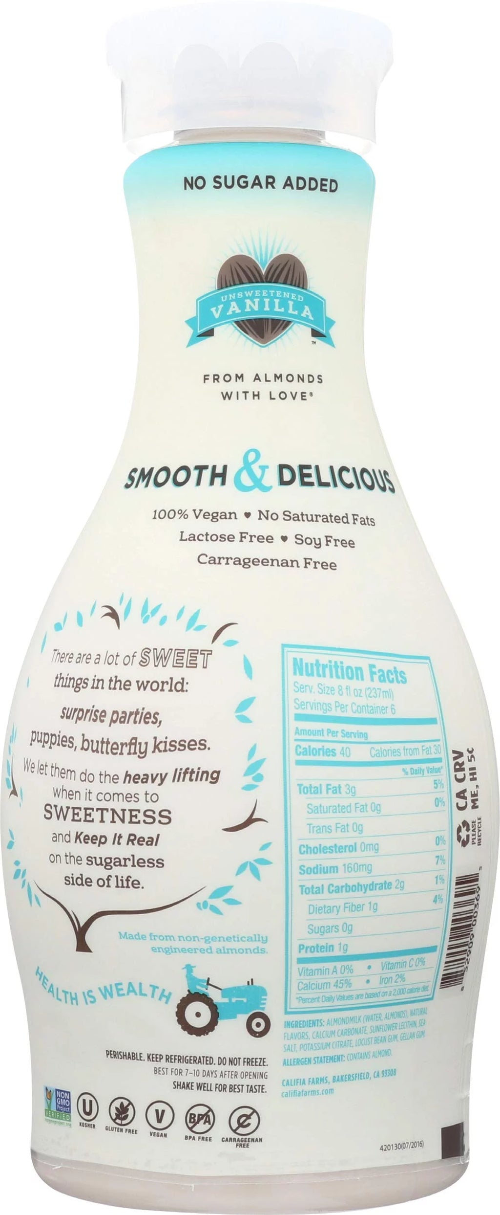 Califia Farms Unsweetened Vanilla Almond Milk, 48 fl oz, 6-Pack C85274