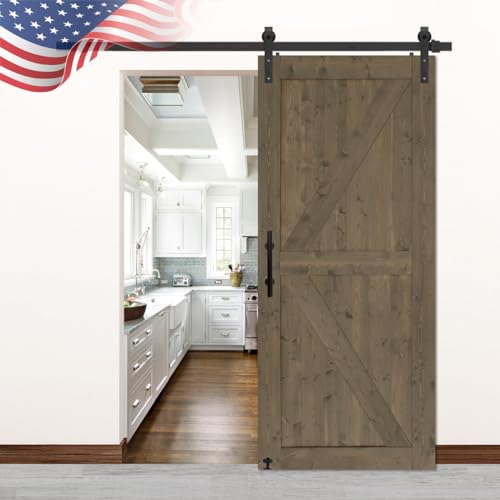 S&Z TOPHAND® 20 in x 84 in Elephant Gray British Brace Knotty Barn Door with 4FT Sliding Hardware Kit G149446