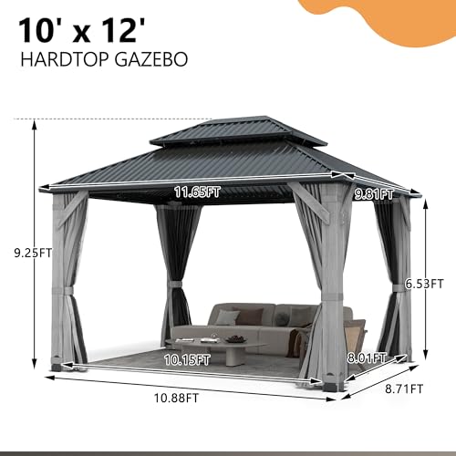 12'x12' Hardtop Gazebo with Galvanized Steel Roof, Aluminum Frame, Curtains & Netting X81832