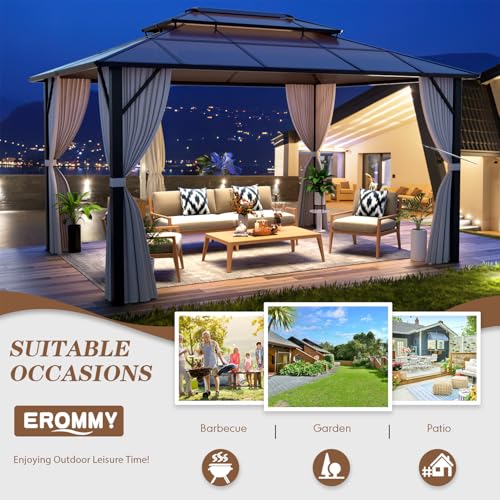 EROMMY 10' x 12' Hardtop Gazebo with Aluminum Frame and Double Roof Q573