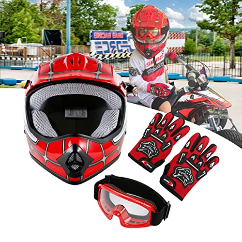SLMOTO Dot Youth Kids Motocross Helmet Red Spider Design with Goggles and Gloves F254987