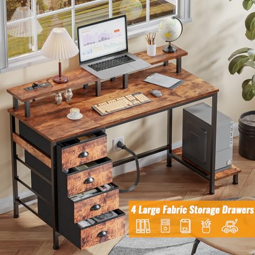Furologee 47" Computer Gaming Desk with Monitor Stand, 4 Fabric Drawers & Power Outlets, Rustic Brown U645888