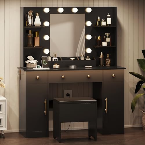 White Vanity Desk with Mirror and Lights, Charging Station and Stool Z6519