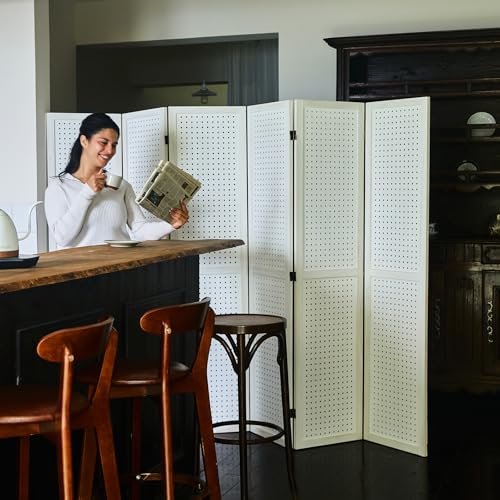 Pegboard Display 5.6Ft Wooden Room Divider Folding Privacy Screen Freestanding Wall Organizer, 4 Panels, Natural C603