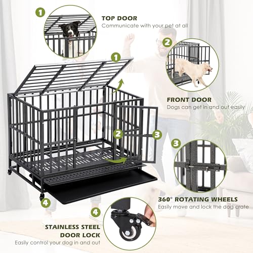 Heavy Duty Folding Dog Crate for Large Dogs, 38 Inch with Lockable Wheels and Double Door W312686