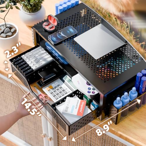 Simple Trending 2 Tier Metal Monitor Stand with Drawer and Pen Holder R17754