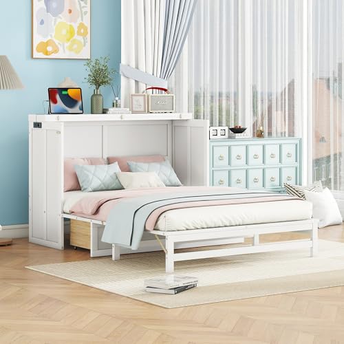 Queen Murphy Bed with Desk and Removable Shelves, USB Port, White H566492