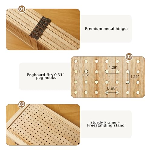 Pegboard Display 5.6Ft Wooden Room Divider Folding Privacy Screen Freestanding Wall Organizer, 4 Panels, Natural C603