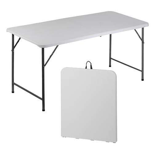 Portable 4 Foot Plastic Folding Table, Indoor Outdoor Heavy Duty with Carrying Handle, White I854764