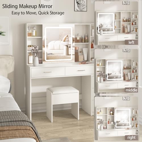 Fameill Vanity Desk with Mirror and Lights, 5 Drawers, Charging Station, White H302