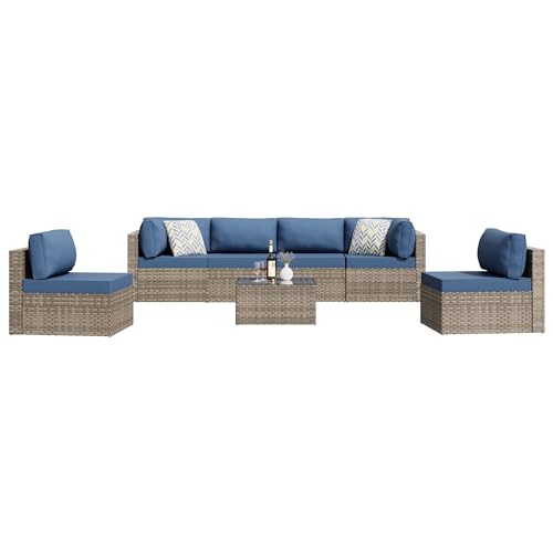 Shintenchi 5-Piece Outdoor Patio Sectional Sofa with Cushions and Glass Coffee Table, Aegean Blue U127322