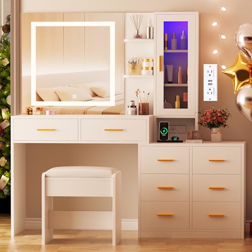 ANWBROAD 51.8" Makeup Vanity Desk with Mirror and Lights White Vanity Table with RGB Storage 8 Drawers Power Outlet Large Dresser Dressing Table with Storage Shelves Stool for Bedroom Girls UBDT77W