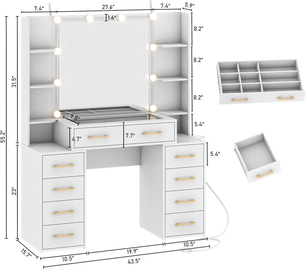 White Vanity Desk with Mirror & LED Lights, Glass Top, 43" L522