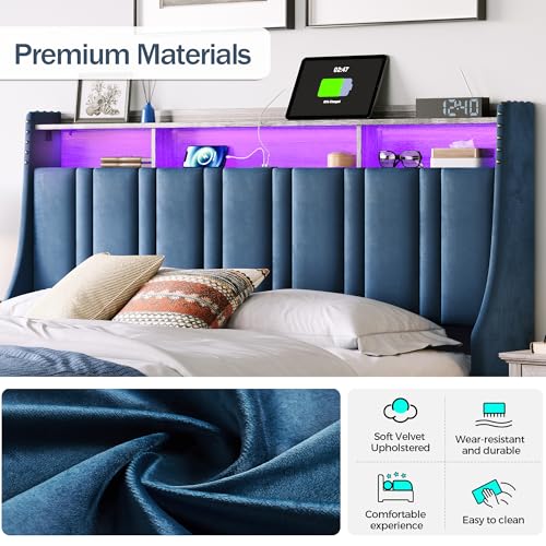 LINSY Lift Up Storage Queen Bed Frame with LED Lights and Charging Station, Dark Grey I29937