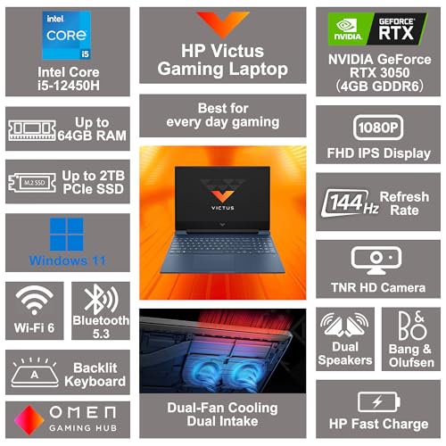 HP Victus 15 Gaming Laptop 15.6 FHD 144Hz i5-12450H 16GB RAM 512GB SSD RTX 3050 W778643