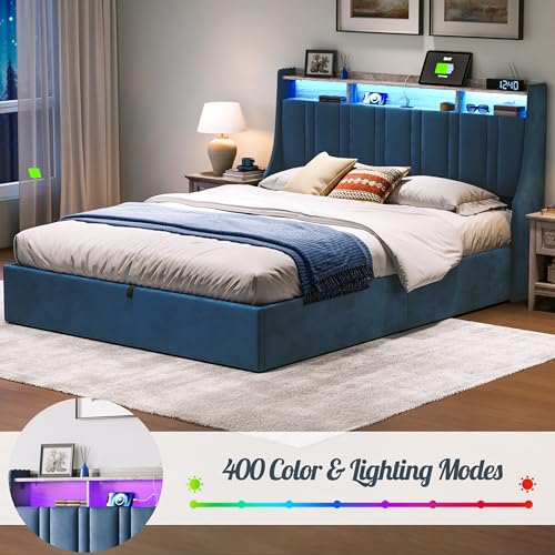 LINSY Lift Up Storage Queen Bed Frame with LED Lights and Charging Station, Dark Grey I29937