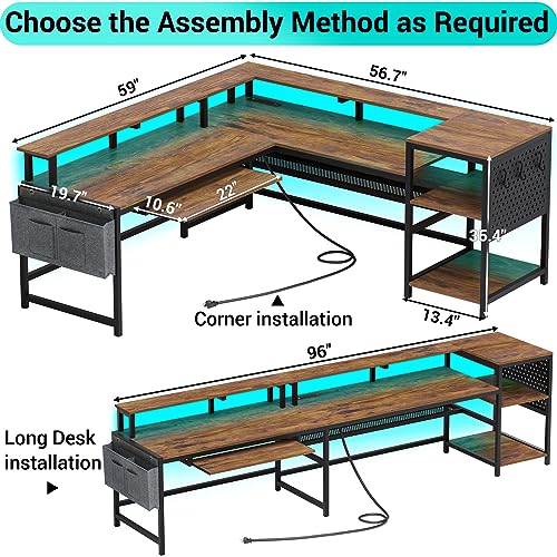 SEDETA L Shaped Gaming Desk with Power Outlets & LED Strip, Black U65690