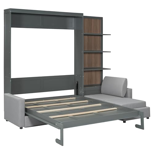 Harper & Bright Designs Queen Murphy Bed with Sofa and Shelves, White P14954
