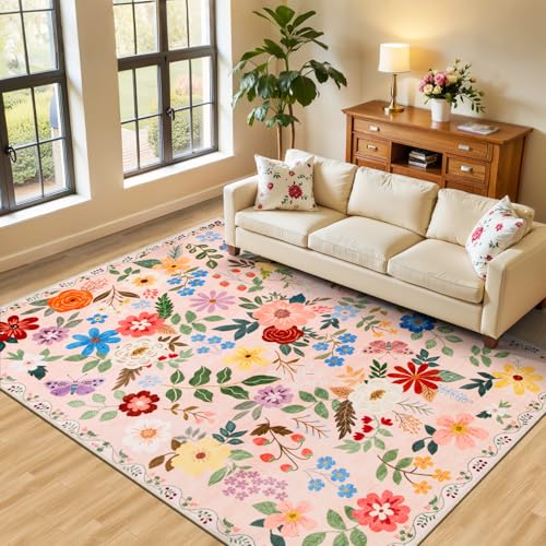 8x10 Floral Washable Area Rug for Living Room, Vintage Soft Non-Slip Carpet Z978379
