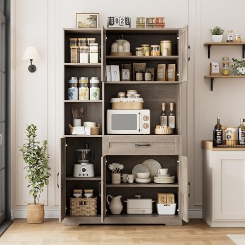HOSTACK 71" Tall Kitchen Pantry Storage Cabinet with Microwave Stand, Barn Doors, Ash Grey H766476