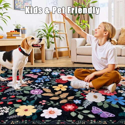 8x10 Floral Washable Area Rug for Living Room, Vintage Soft Non-Slip Carpet Z978379
