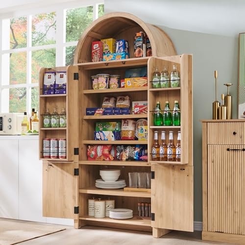 71" Tall Arched Kitchen Pantry, Modern Fluted Wood Storage Cabinet with Doors A419441