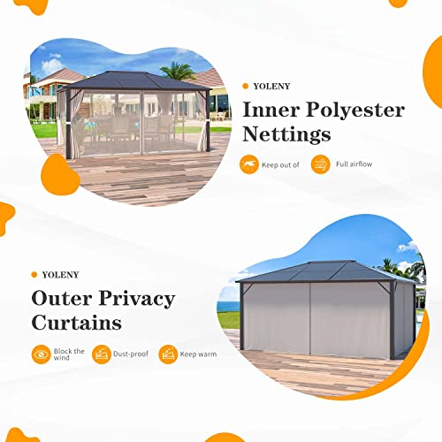 YOLENY 10'x13' Hardtop Gazebo with Aluminum Frame and Curtains F853