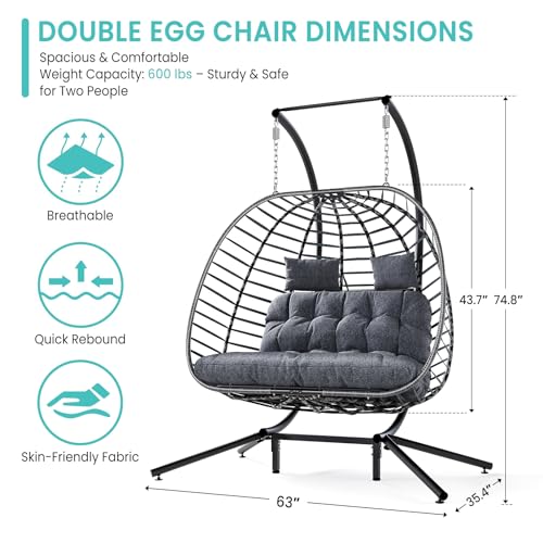 SWITTE Double Egg Swing Chair with Stand, Outdoor Patio Hanging Wicker Hammock with Cushion, Dark Grey X8839
