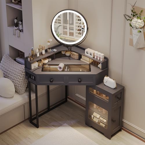White Corner Vanity Desk with Mirror and Lights I97733