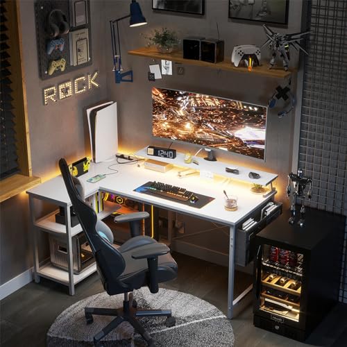 ODK 48 Inch L Shaped Gaming Desk with USB Charging Ports and LED Lights S136