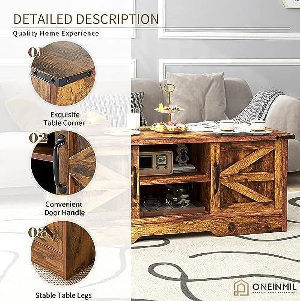 HBBOOMLIFE Coffee Table with Barn Doors, Farmhouse White S2408