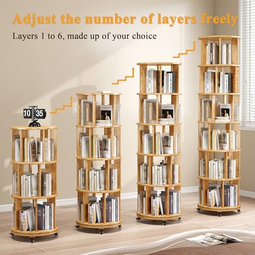 6 Tier Rotating Bookshelf Tower with Swivel Wheels, Solid Wood, Walnut B588