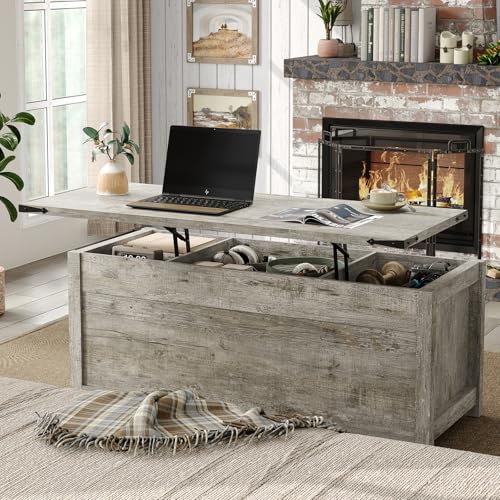 47.3" Lift Top Coffee Table with Storage and Barn Doors, White and Grey I616078