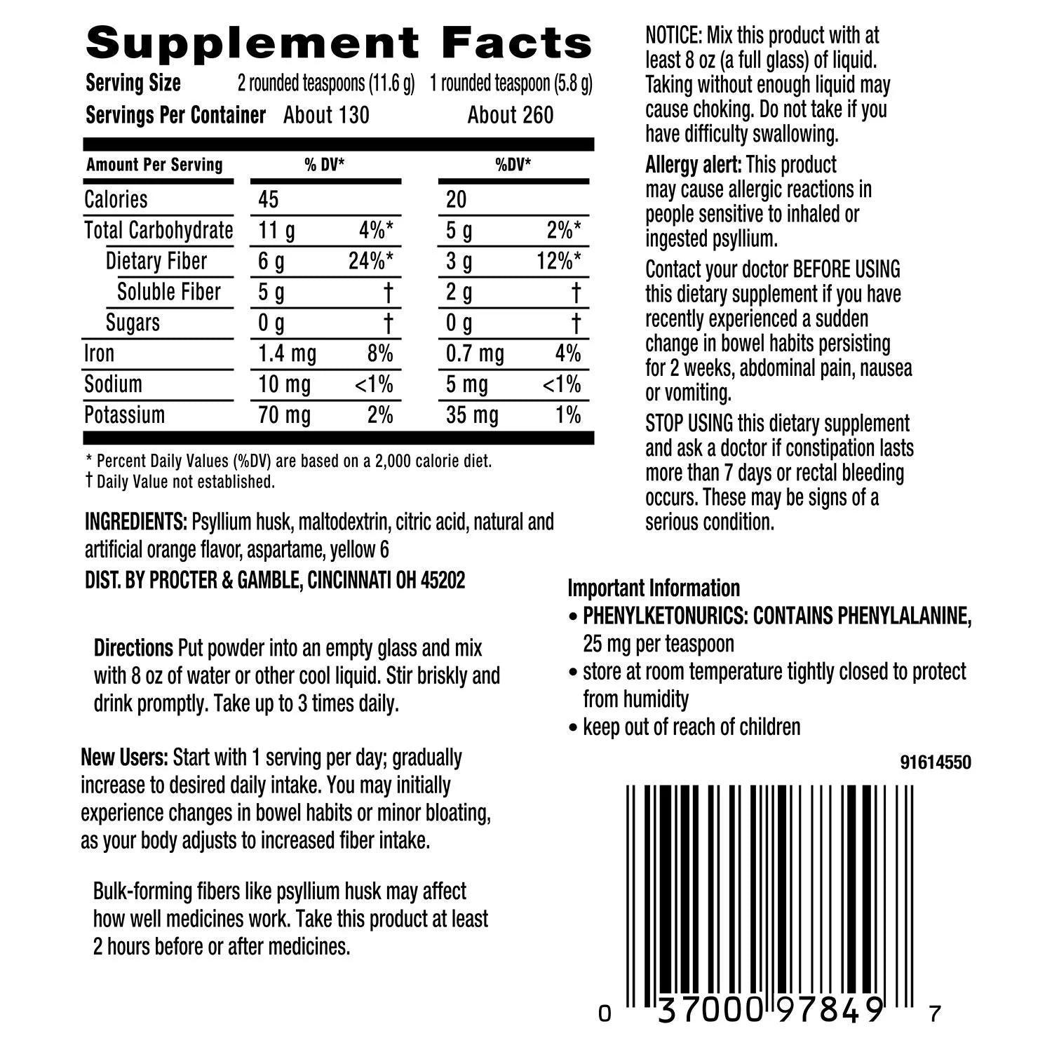 Metamucil Sugar Free Orange Fiber Supplement Powder, 260 doses Q613443