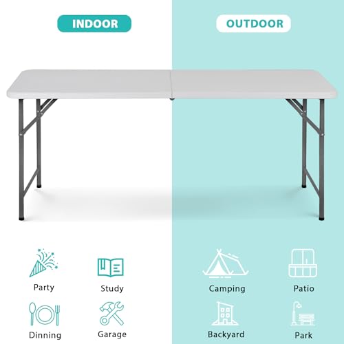 Portable 4 Foot Plastic Folding Table, Indoor Outdoor Heavy Duty with Carrying Handle, White I854764