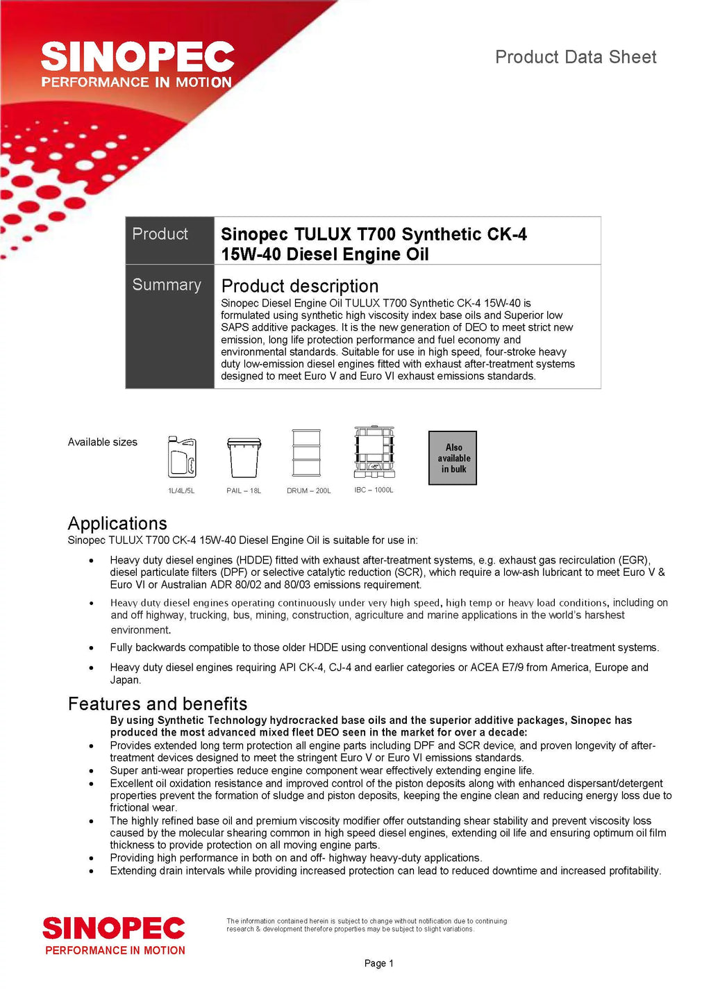 15W40 Synthetic Diesel Engine Oil - 5 Gallon Pail C90019
