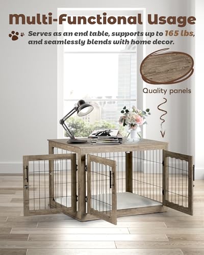 Wooden Dog Crate Furniture with Bed Mat, 32 Inch, 3 Doors, Greige X4054