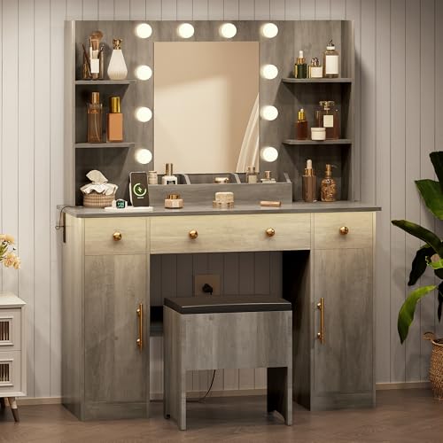 White Vanity Desk with Mirror and Lights, Charging Station and Stool Z6519