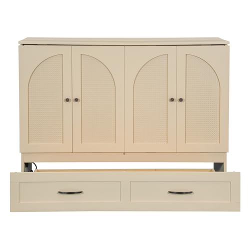 Merax Full Size Murphy Bed Cabinet with Charging Station and Storage Drawer, Gold O7045