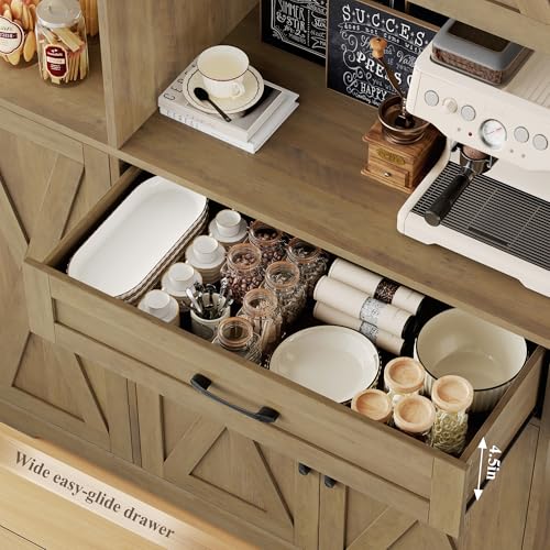 HOSTACK 71" Tall Kitchen Pantry Storage Cabinet with Microwave Stand, Barn Doors, Ash Grey H766476
