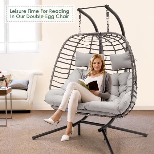 Double Egg Swing Chair with Stand, Rattan Wicker, UV Resistant Cushion, Metal Frame N439669