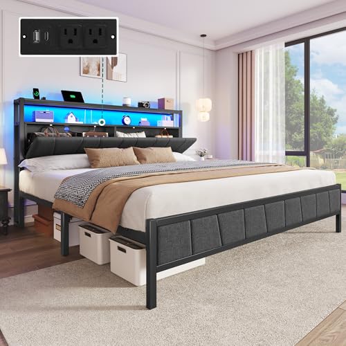 YITAHOME Queen Bed Frame with Storage Headboard, LED, Charging Station, Gray X281055
