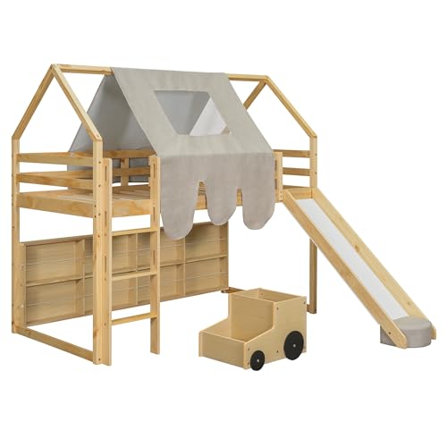 Harper & Bright Designs Kids Twin Low Loft Bed with Slide, Storage Shelves & Stairs, White/Pink C414827