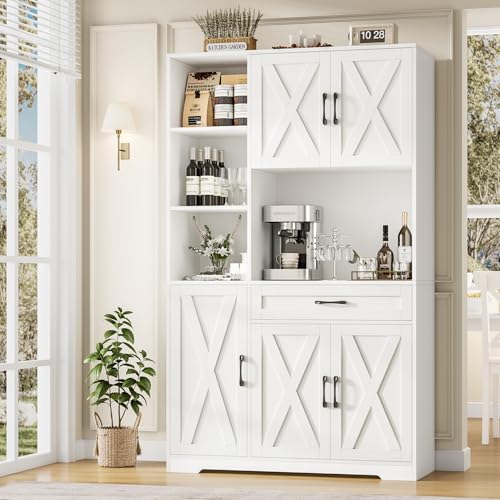 HOSTACK 71" Tall Kitchen Pantry Storage Cabinet with Microwave Stand, Barn Doors, Ash Grey H766476