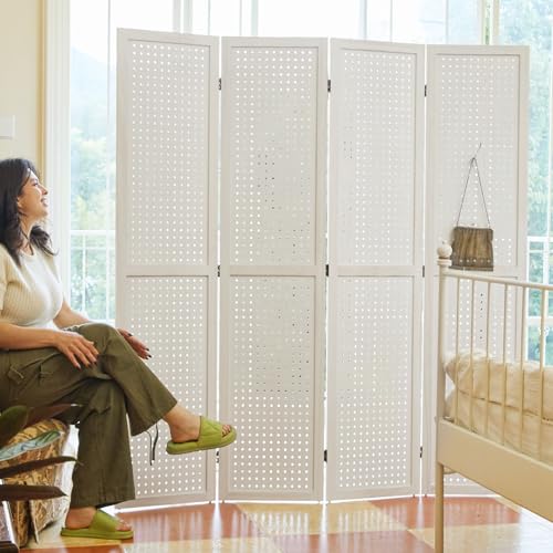 Pegboard Display 5.6Ft Wooden Room Divider Folding Privacy Screen Freestanding Wall Organizer, 4 Panels, Natural C603