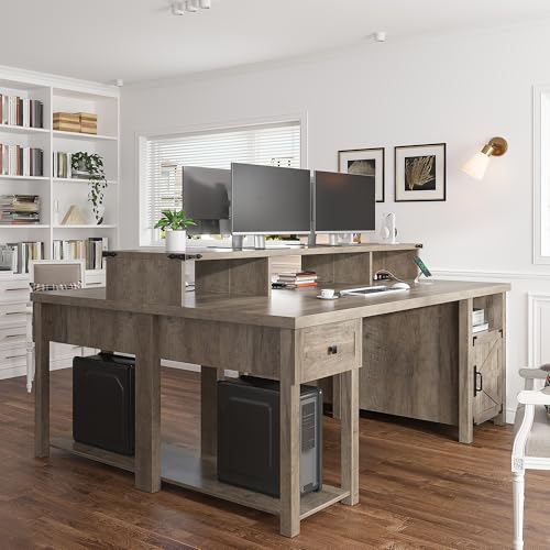 EnHomee Farmhouse Office Desk with Drawer & Power Outlets, Ash Gray K849