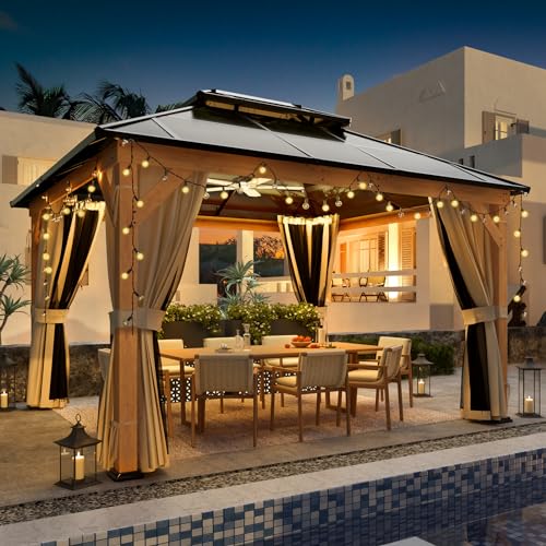 YOLENY 10'x13' Hardtop Gazebo with Aluminum Frame and Curtains F853
