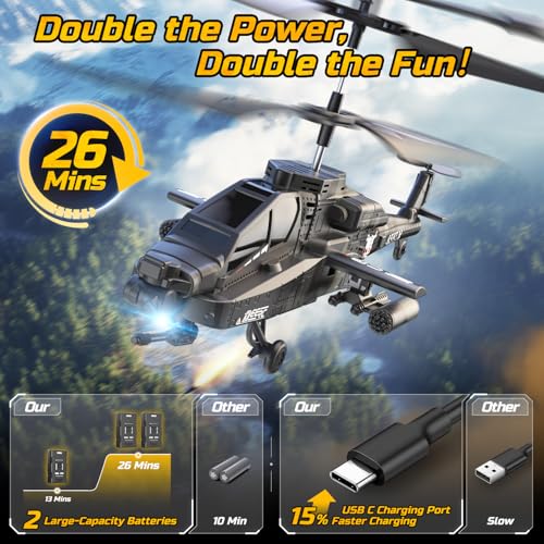 DEERC Apache RC Helicopter for Kids & Adults, Military Toy with LED Lights P49305