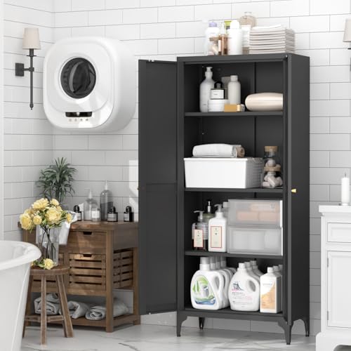 GREATMEET 65" Tall Kitchen Pantry Cabinet, White Metal Farmhouse Cupboard with Adjustable Shelves D202